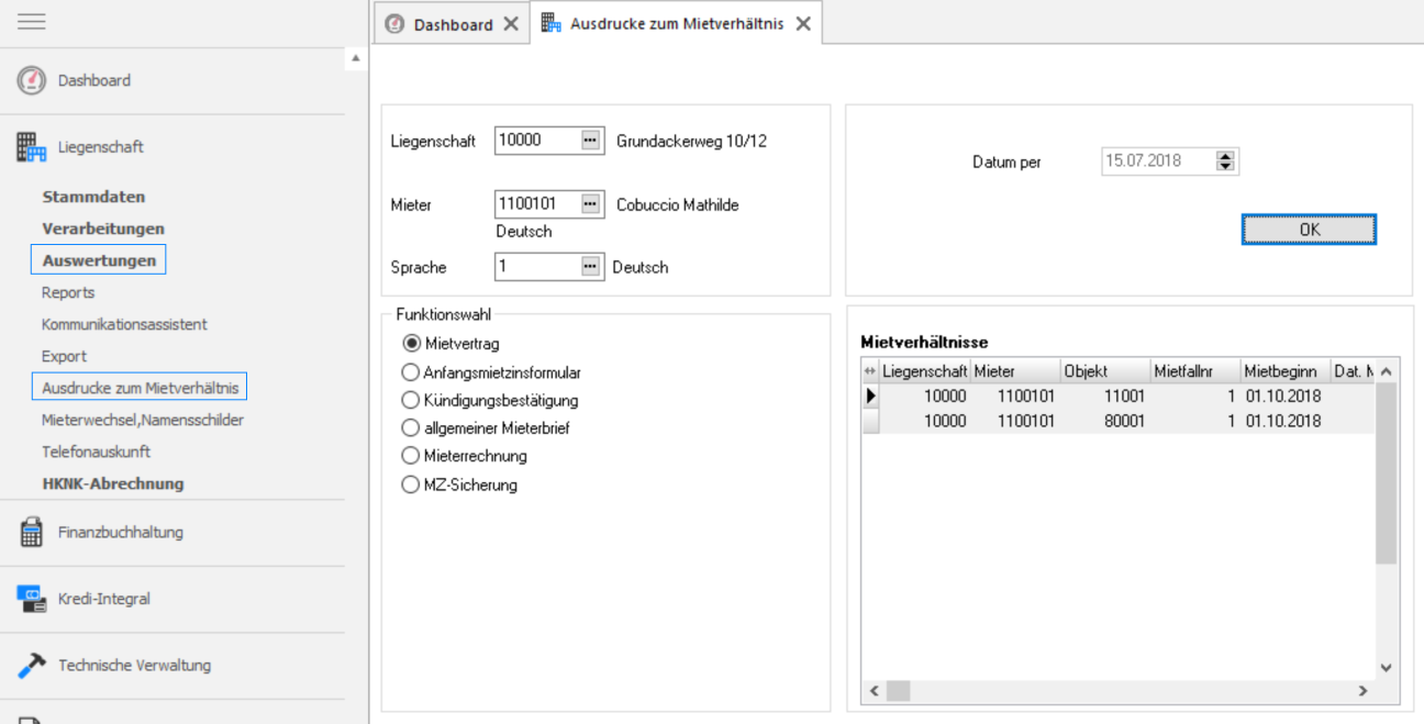 Screenshot: Auswertung – Übersicht der Mietverhältnisse des Leerstandmieters