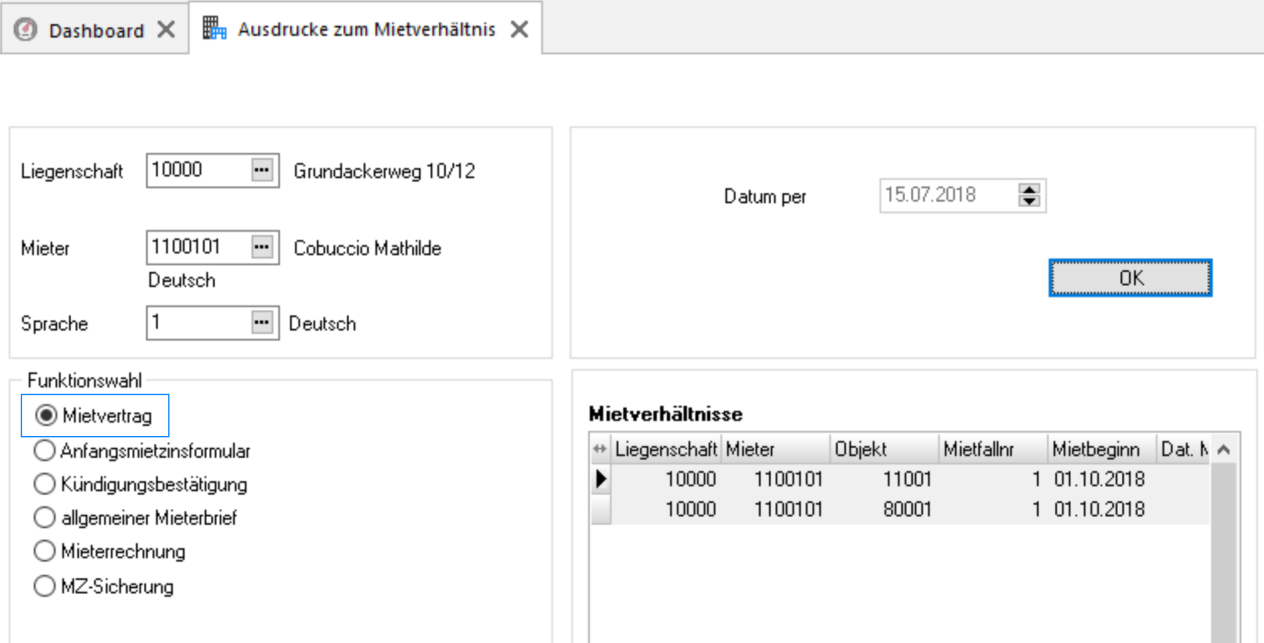 Screenshot: Auswertungsselektion «Ausdrucke zum Mietverhältnis» mit Funktionswahl «Mietvertrag»