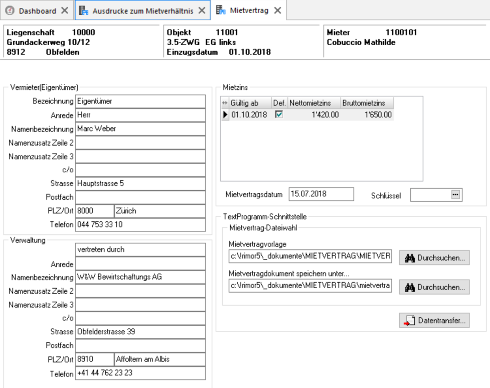 Screenshot: Register «Mietvertrag» mit übernommenen Daten zu Objekt, Mieter und Verwaltung