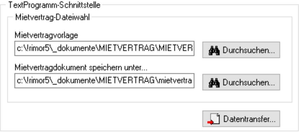 Screenshot: TextProgramm-Schnittstelle mit Auswahl der Mietvertragsvorlage, Speicherort und «Datentransfer»
