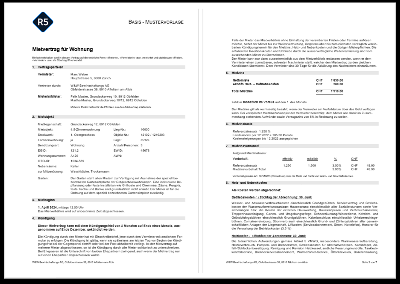 Screenshot: Aufbereiteter Mietvertrag als Dokumentvorlage