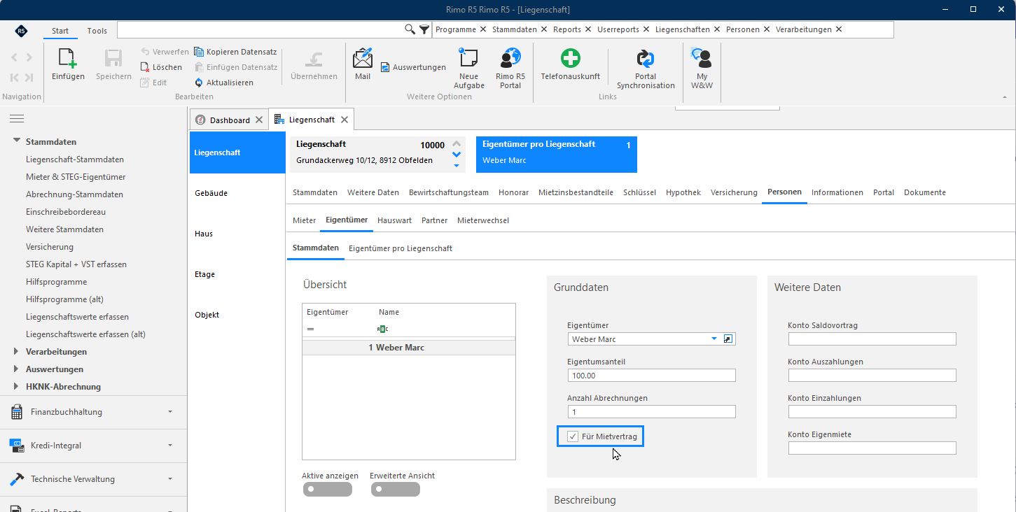 Screenshot: Liegenschaft-Stammdaten im Register «Personen» mit Eigentümerangaben