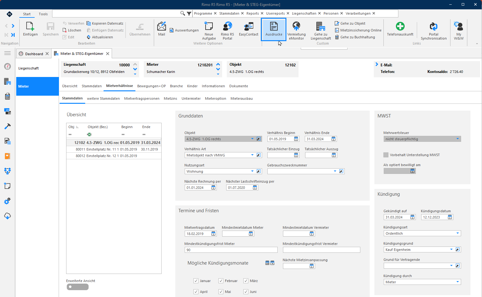 Screenshot: Mieter-Stammdaten mit Kündigungsdaten des Mietverhältnisses