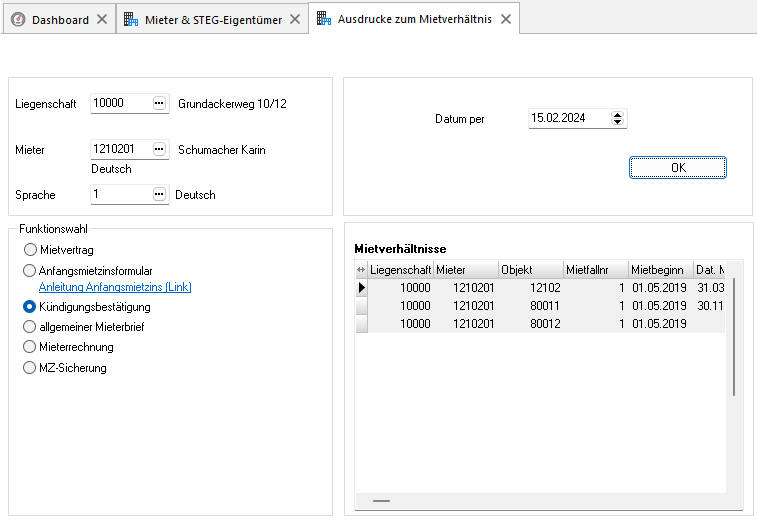 Screenshot: Auswertungsselektion «Ausdrucke zum Mietverhältnis» mit Funktionswahl «Kündigungsbestätigung»
