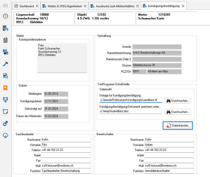 Screenshot: Register «Kündigungsbestätigung» mit Textprogramm-Schnittstelle und Datentransfer