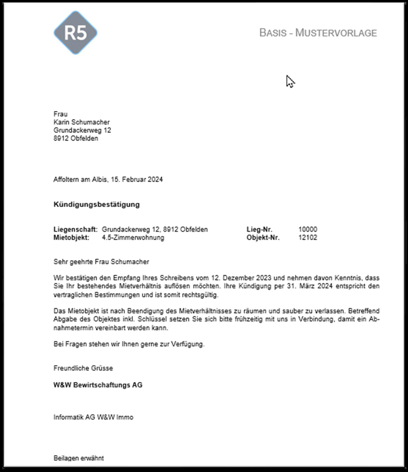 Screenshot: Aufbereitete Kündigungsbestätigung als Dokumentvorlage