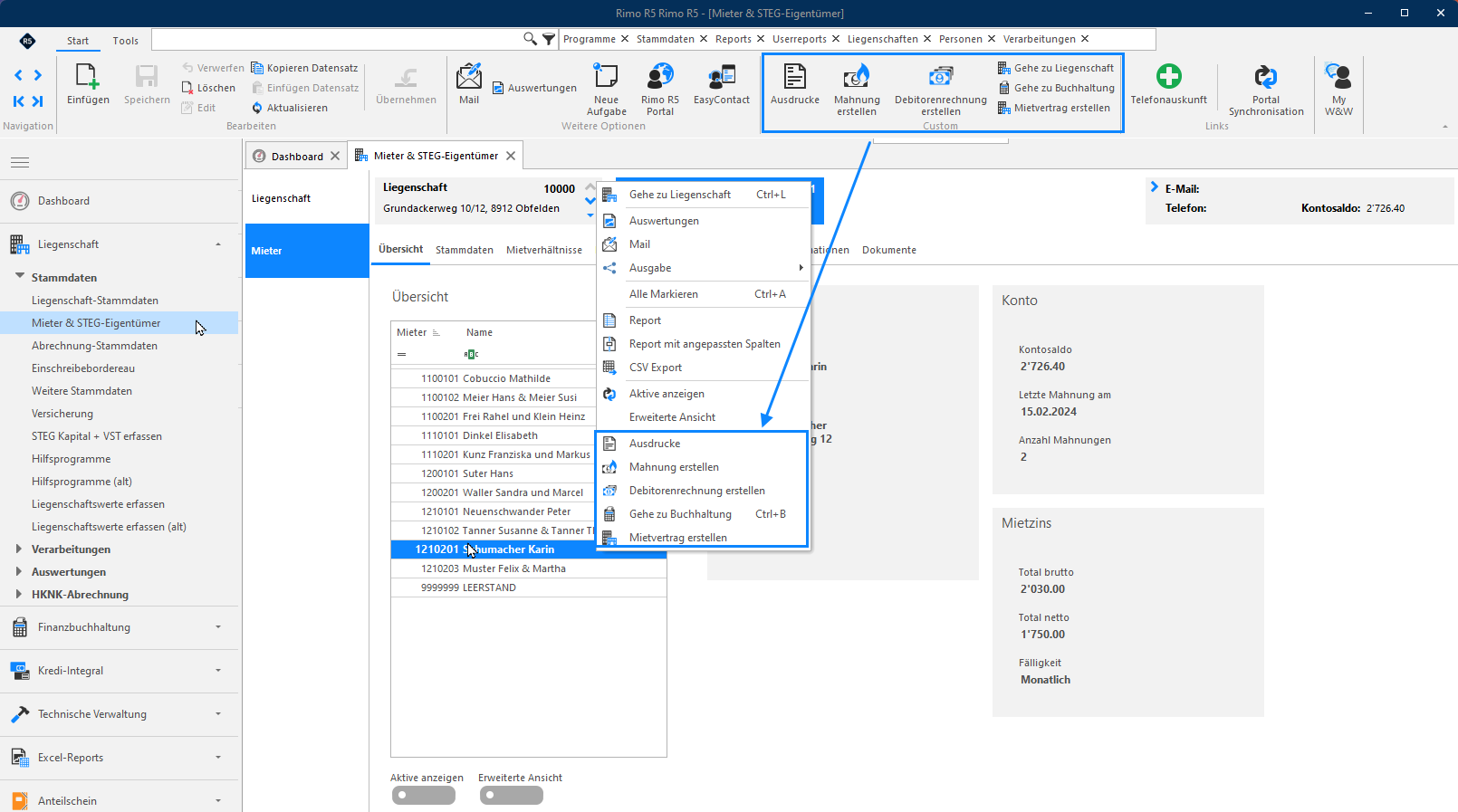 Screenshot: Kontextmenü der Mieterübersicht mit Schnellzugriffen