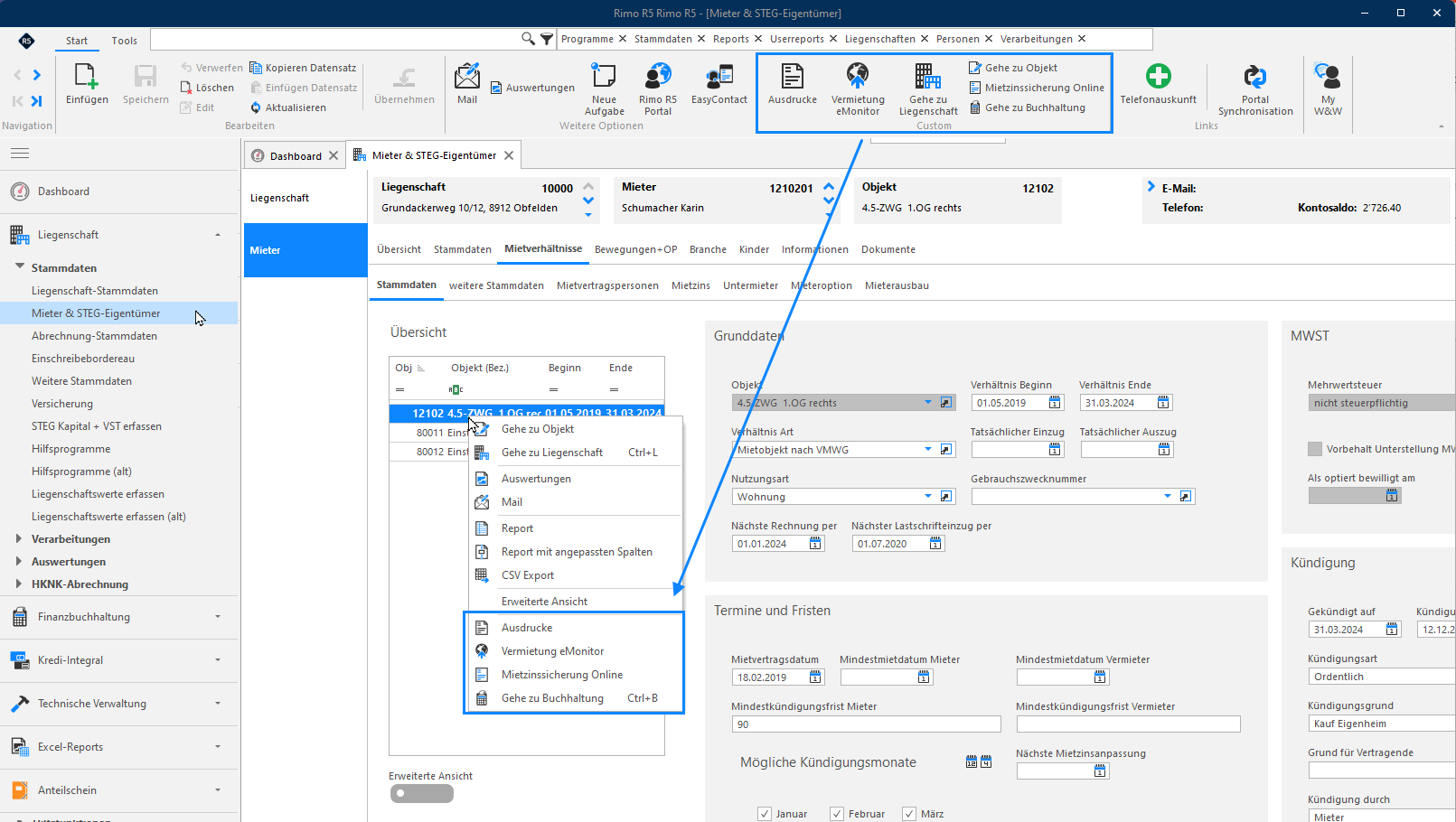 Screenshot: Kontextmenü eines Mietverhältnisses mit verfügbaren Schnellzugriffen