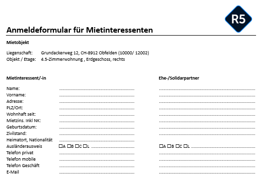 Screenshot: Aufbereitetes Anmeldeformular für Mietinteressenten