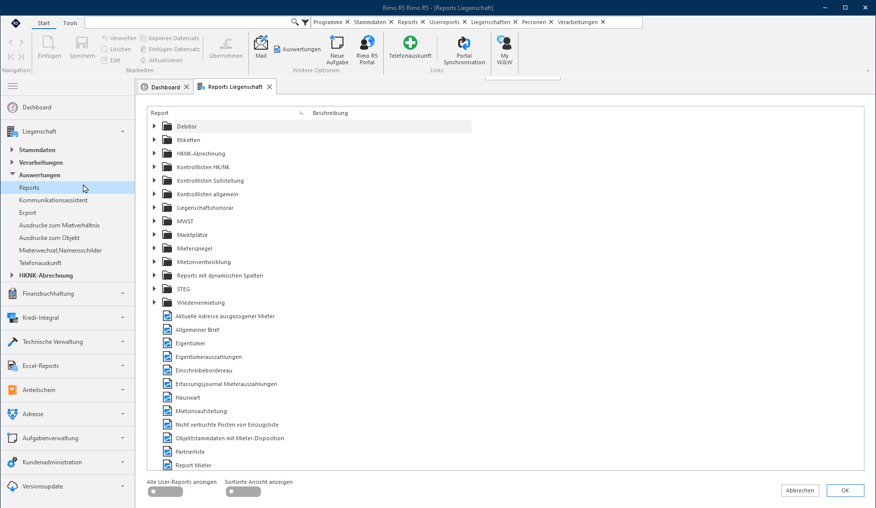 Screenshot: Reportauswahl im Modul Liegenschaften