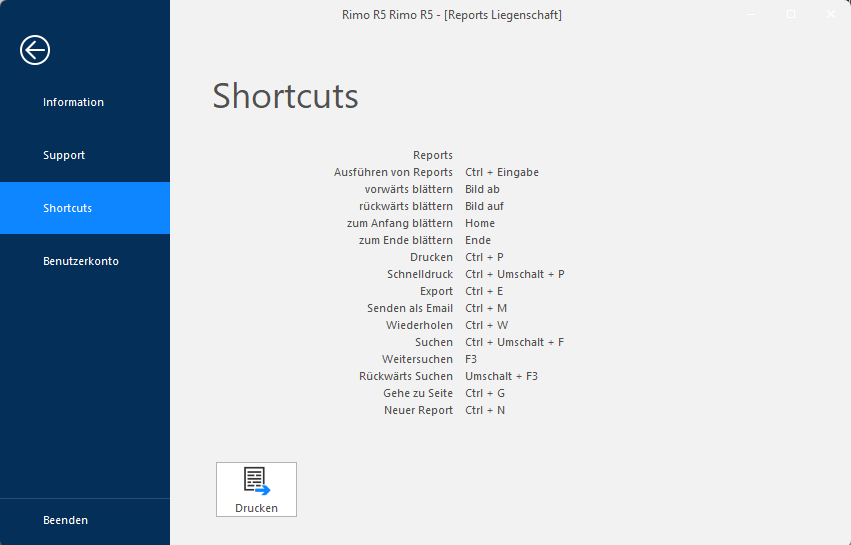 Screenshot: Übersicht der Shortcuts für die Report-Navigation