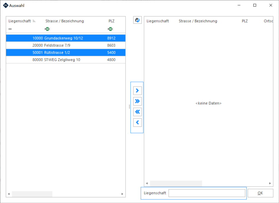 Screenshot: Mehrfachauswahl von Datensätzen in der Selektionsmaske