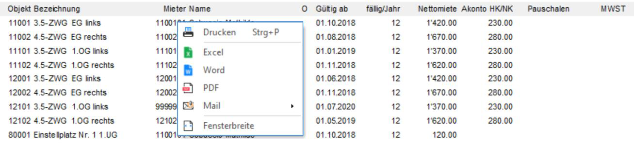 Screenshot: Reportansicht mit Kontextmenü für Ausgabe und Versand
