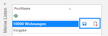 Screenshot: «Meine Listen» mit PoolName sowie Symbolen zum Speichern und Löschen