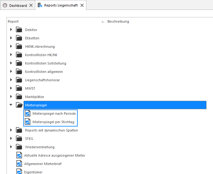 Screenshot: Reportbaum mit den Auswertungen «Mieterspiegel nach Periode» und «Mieterspiegel per Stichtag»