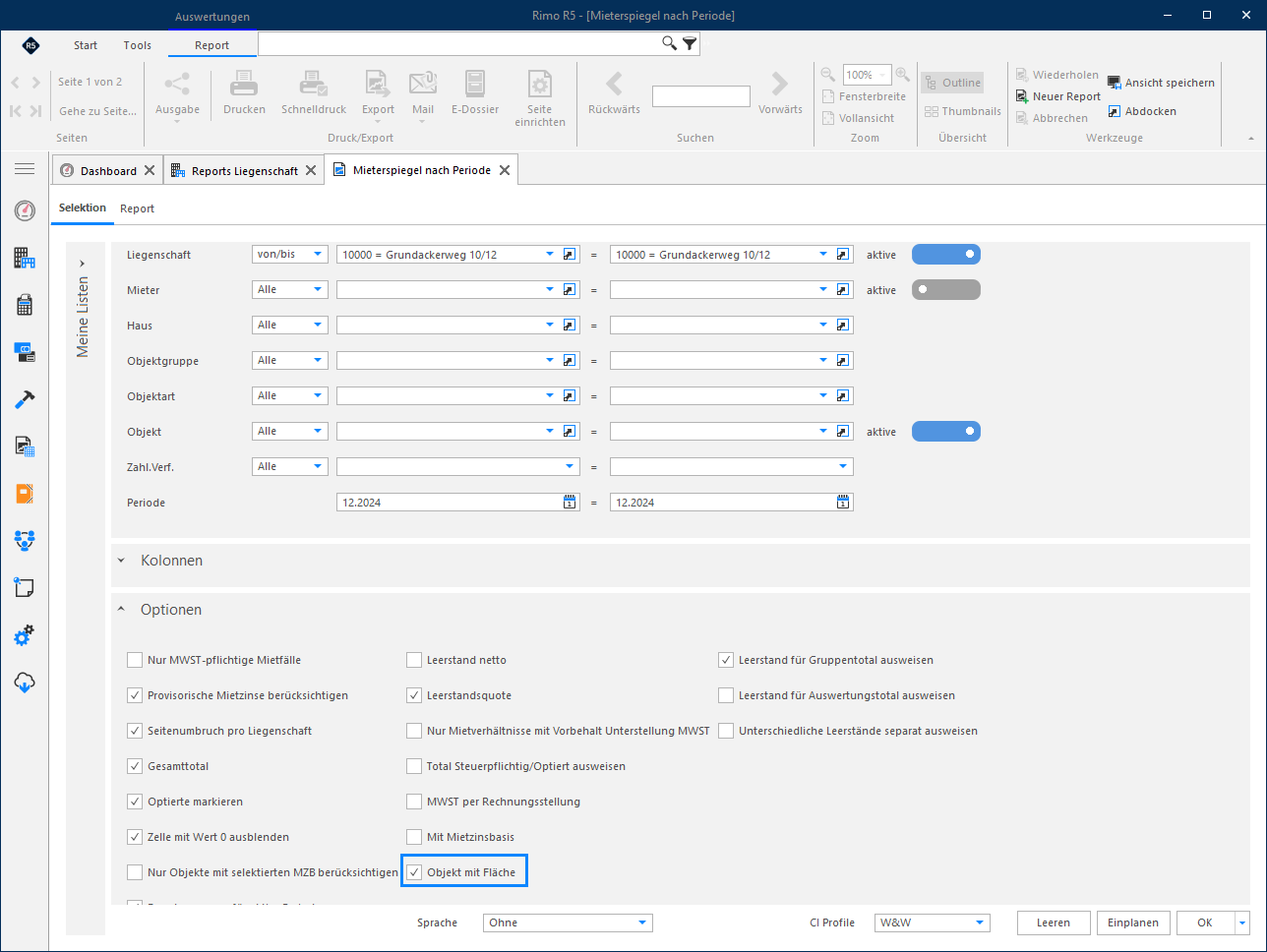Screenshot: Selektionsmaske des Mieterspiegels mit Optionen und Spaltendefinitionen