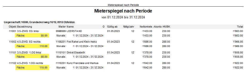 Screenshot: Mieterspiegel nach Periode mit Flächenangaben