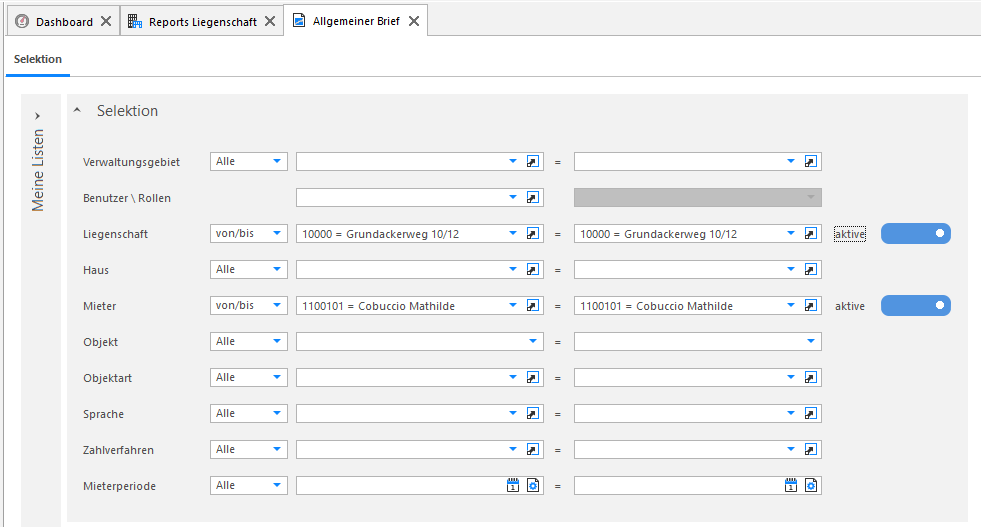 Screenshot: Selektionsmaske des allgemeinen Briefs mit Auswahl der Empfänger