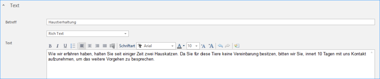 Screenshot: Texteingabe des allgemeinen Briefs mit Betreff und formatiertem Brieftext