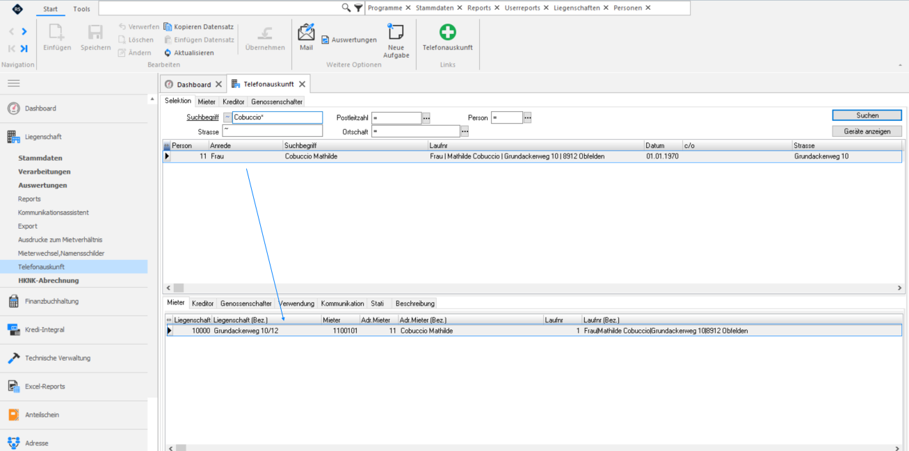 Screenshot: Telefonauskunft mit Suchbegriff, Suchergebnis und markierter Person