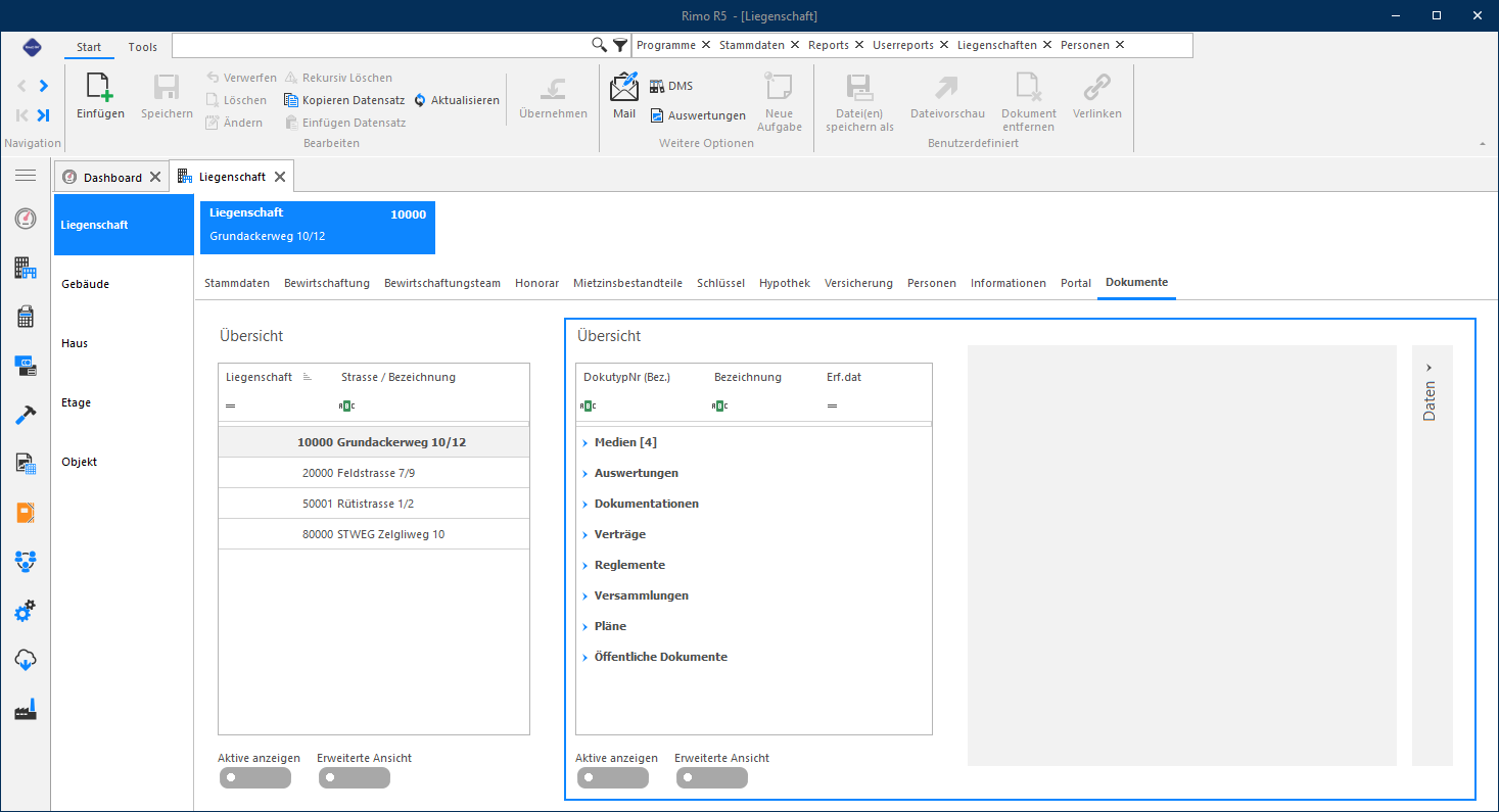 Screenshot: Register «Dokumente» in den Liegenschaft-Stammdaten mit Dokumentengruppen