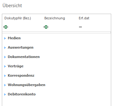 Screenshot: Dokumentengruppen im Register «Dokumente» eines Mieters