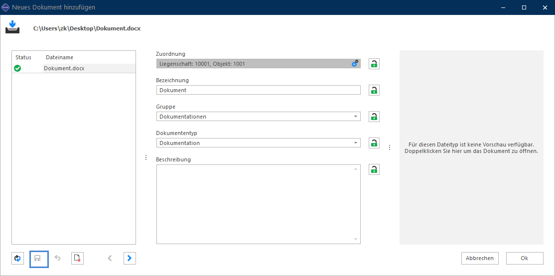 Screenshot: Dialog «Neues Dokument hinzufügen» mit auswählbarer Gruppe und Dokumententyp
