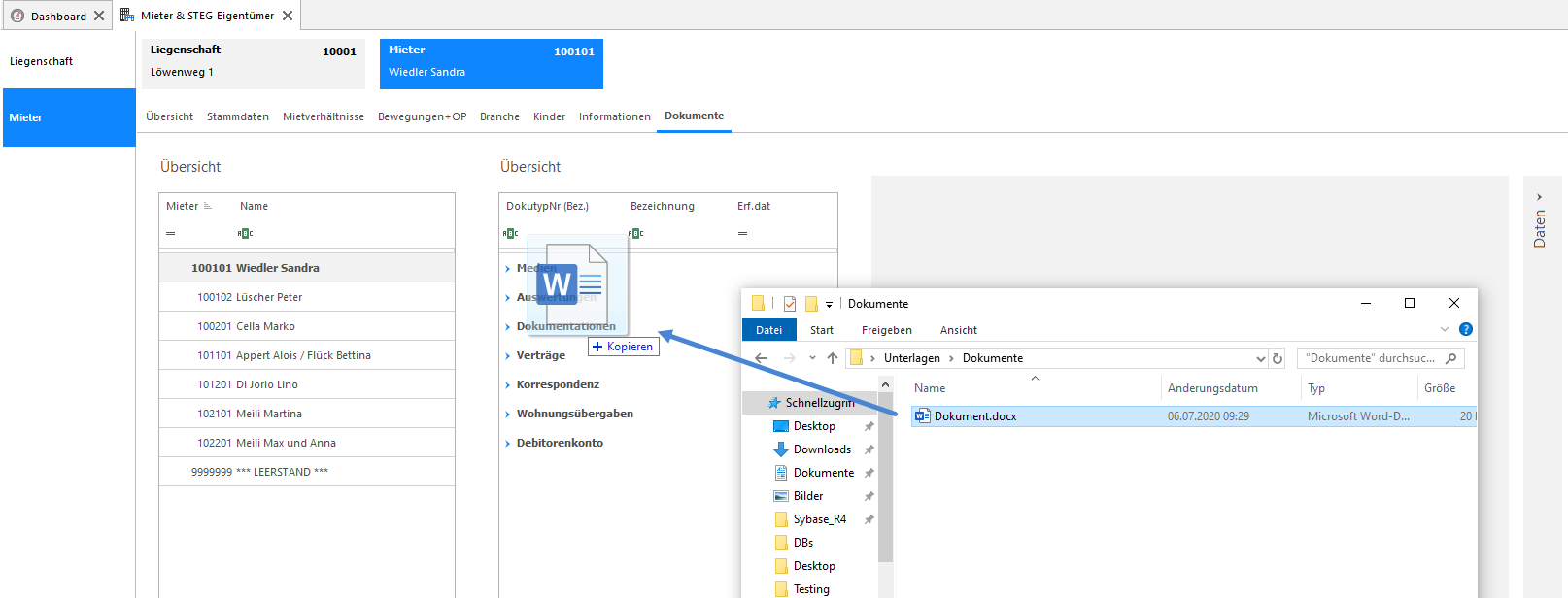 Screenshot: Dokument aus der Dateiablage per Drag & Drop in eine E-Dossier-Gruppe ziehen