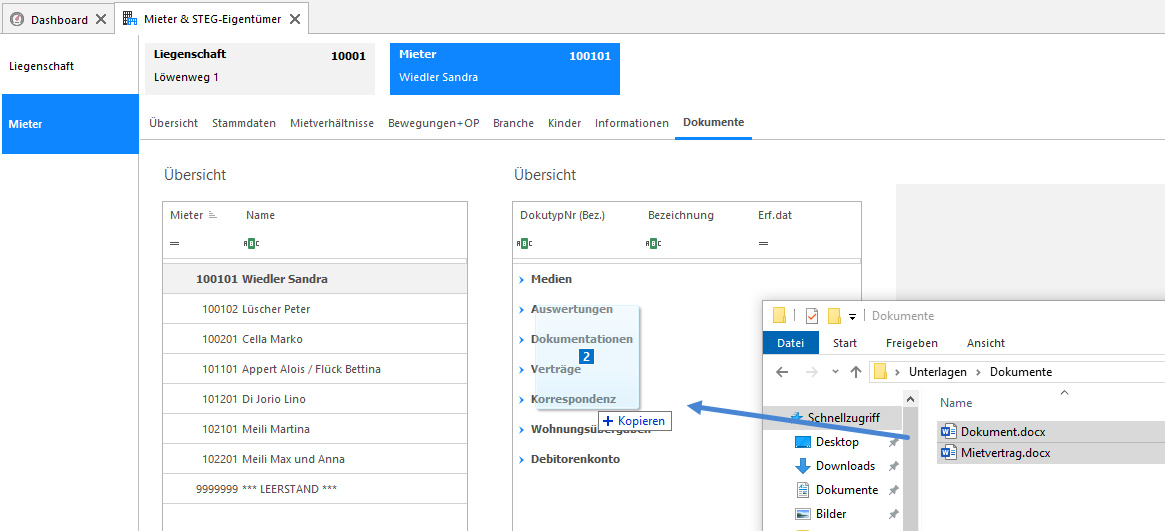 Screenshot: Mehrere Dateien aus der Dateiablage gleichzeitig für das E-Dossier auswählen