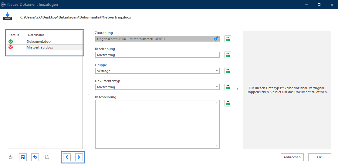 Screenshot: Dialog «Neues Dokument hinzufügen» mit Statusliste und Eingabefeldern