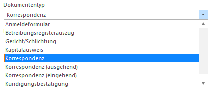 Screenshot: Auswahl des Dokumententyps innerhalb der Gruppe «Korrespondenz»