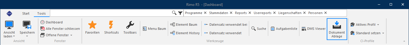 Screenshot: Button «Dokumentenablage» in der Registerkarte «Tools»