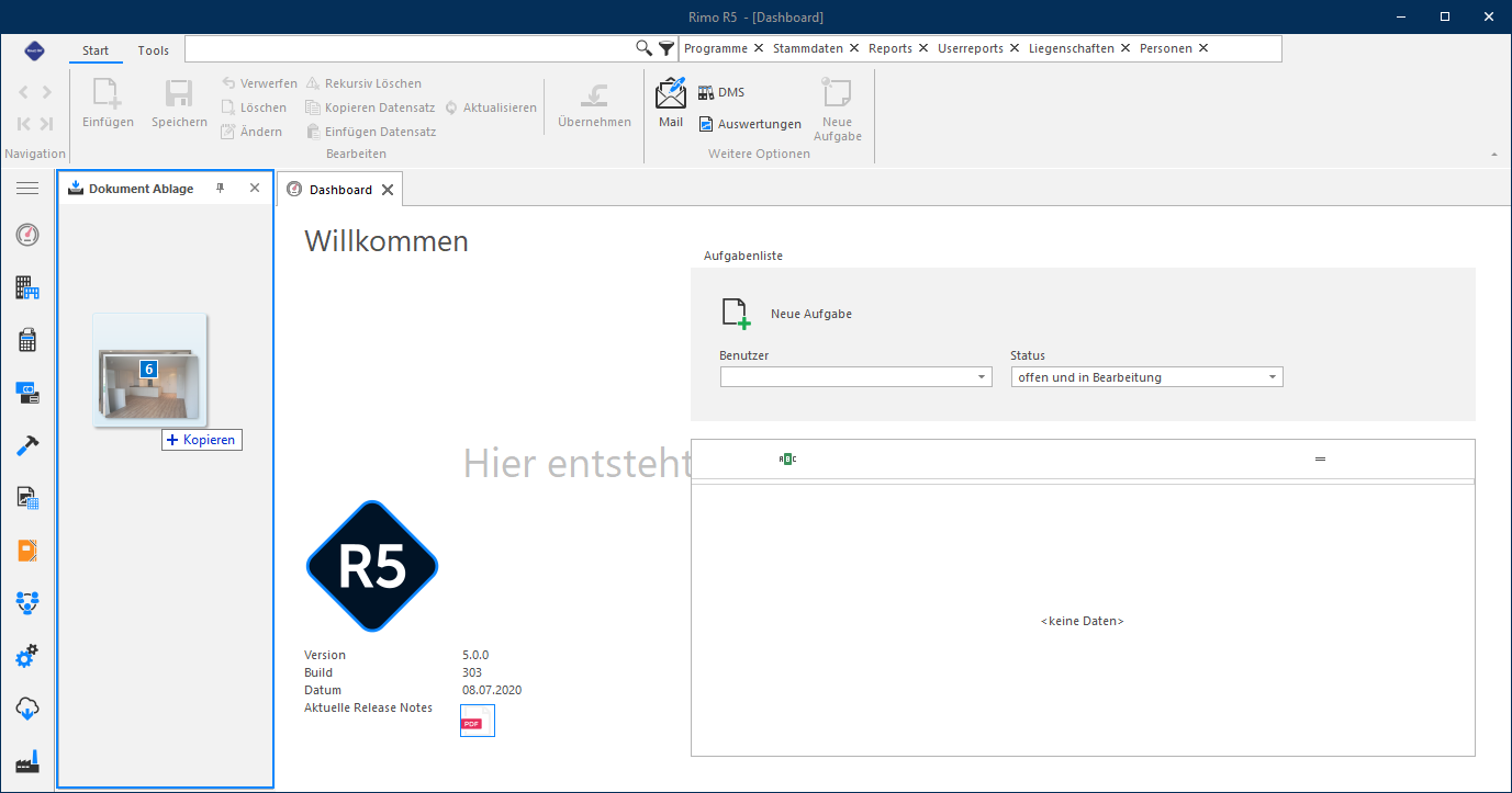 Screenshot: Als Fenster fixierte Dokumentenablage neben dem Rimo-R5-Dashboard