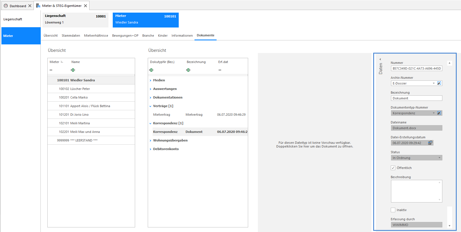 Screenshot: Im E-Dossier abgelegtes Dokument mit Detailfeldern im Bereich «Daten»