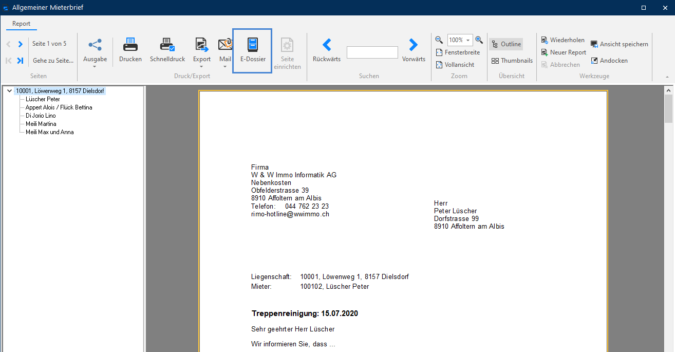 Screenshot: Aufbereiteter Brief mit Button «E-Dossier» in der Reportansicht