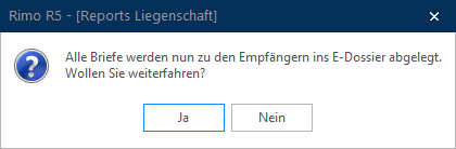 Screenshot: Abfrage zum Ablegen aller Briefe bei den Empfängern im E-Dossier