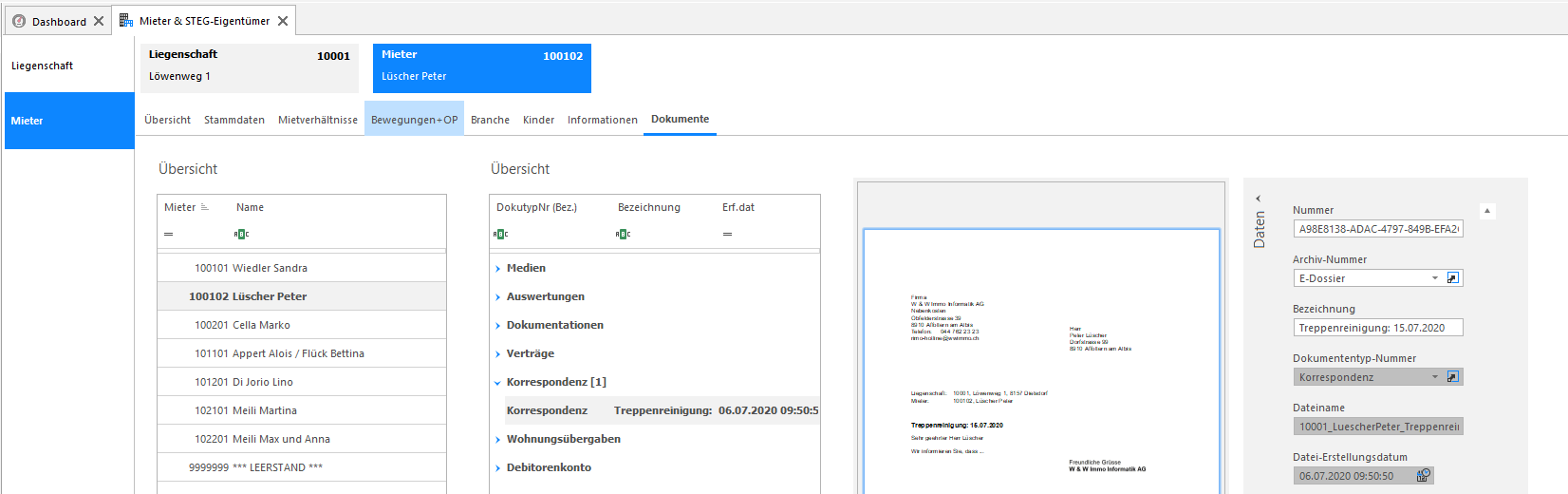 Screenshot: Im Register «Dokumente» eines Mieters abgelegter Mieterbrief