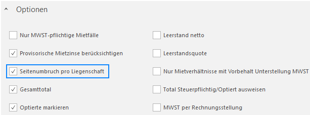 Screenshot: Reportoptionen mit aktivierter Einstellung «Seitenumbruch pro Liegenschaft»