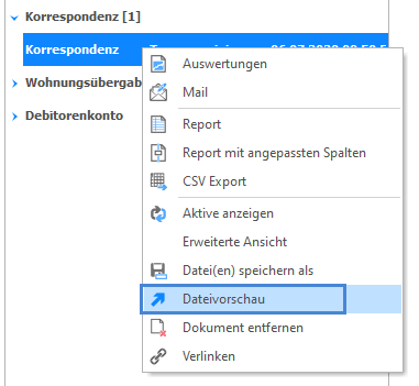 Screenshot: Kontextmenü eines E-Dossier-Dokuments mit markierter Option «Dateivorschau»