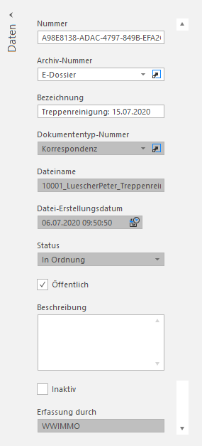 Screenshot: Dokumentstammdaten im E-Dossier mit den nummerierten Metadatenfeldern