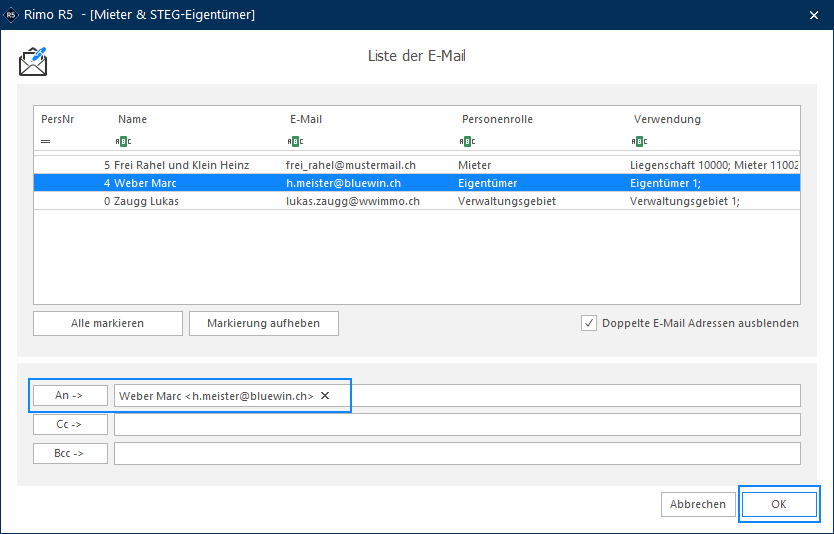 Screenshot: E-Mail-Adressauswahl mit markierten Empfängern und Button «An»