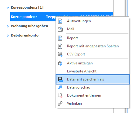 Screenshot: E-Dossier-Übersicht mit Auswahl eines Dokuments zum Speichern