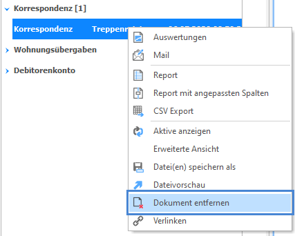 Screenshot: Kontextmenü eines E-Dossier-Dokuments mit markierter Option «Dokument entfernen»