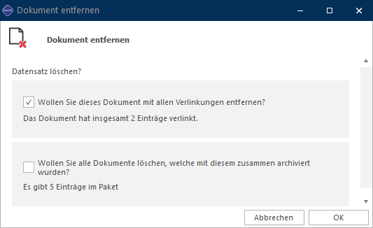 Screenshot: Hinweisdialog zum Entfernen eines nicht mehr verknüpften Dokuments