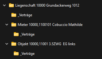 Screenshot: Exportierte E-Dossier-Ordnerstruktur für Liegenschaft, Mieter und Objekt