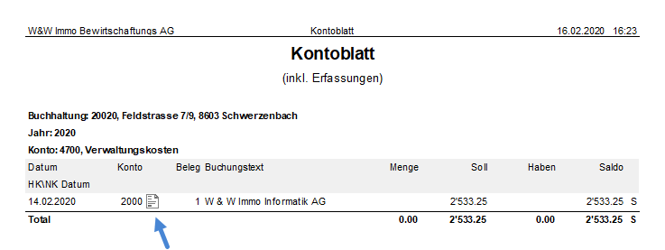 Screenshot: Kontoblatt-Report mit Symbol für den direkten Aufruf eines hinterlegten Belegs