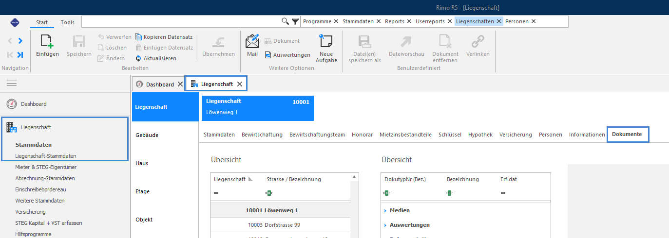 Screenshot: Liegenschaft-Stammdaten mit Register «Dokumente» und E-Dossier-Dokumenten