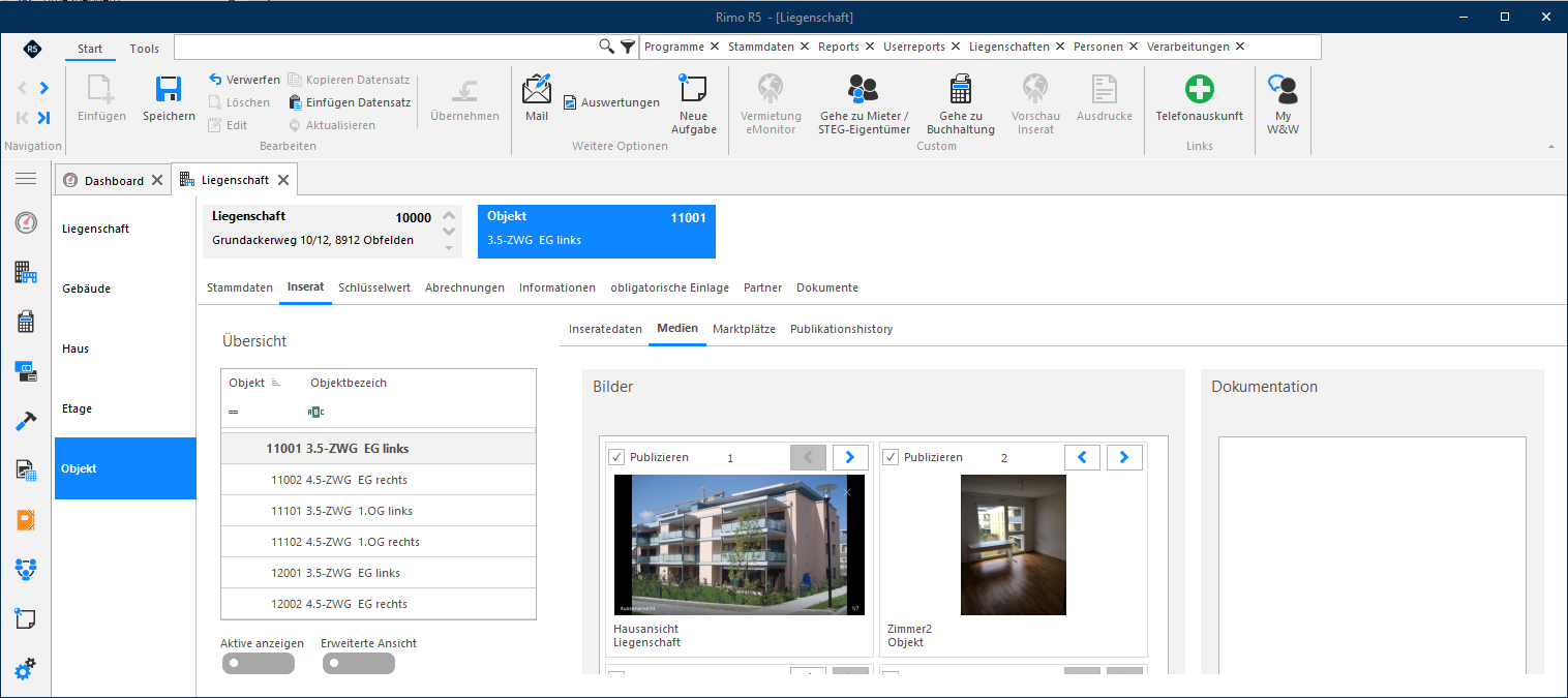 Screenshot: Objekt-Stammdaten mit Register «Inserat» und Medienvorschau