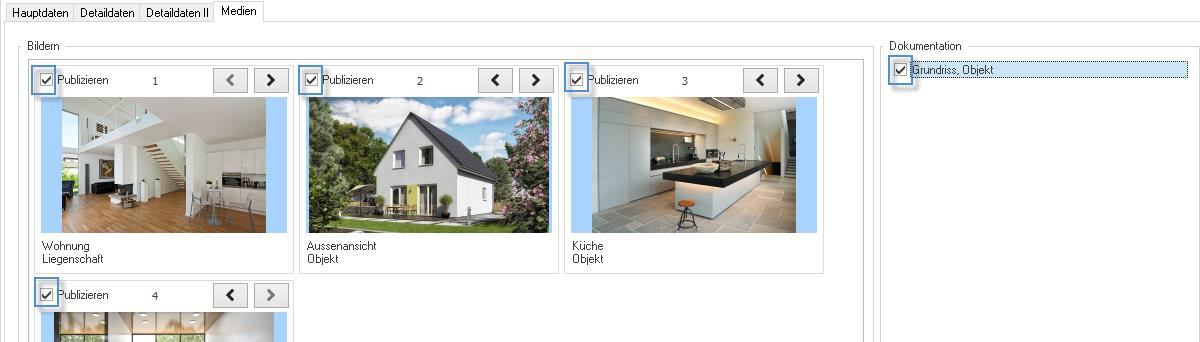 Screenshot: Register «Medien» mit aktivierbaren Flags für die Publikation von Bildern und Dokumenten