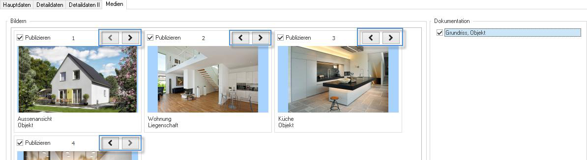 Screenshot: Register «Medien» mit angeordneten Bildern für die Publikation